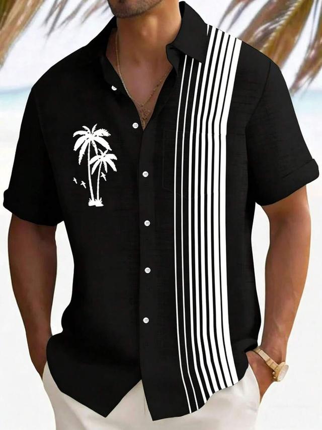 men's casual coconut tree striped print short sleeve shirt