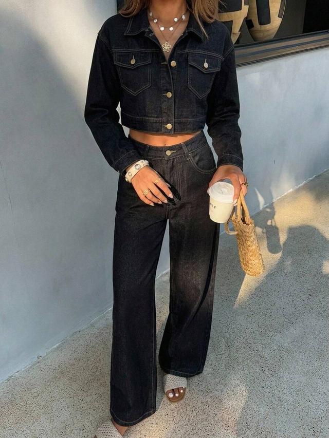 washed black denim cropped jacket and jeans set