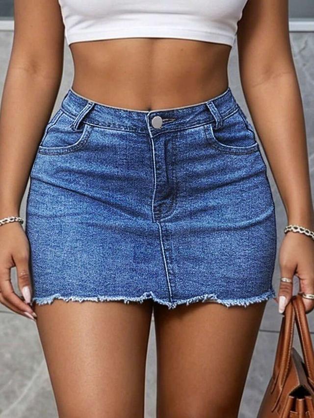 women's denim mini skirt with frayed hem