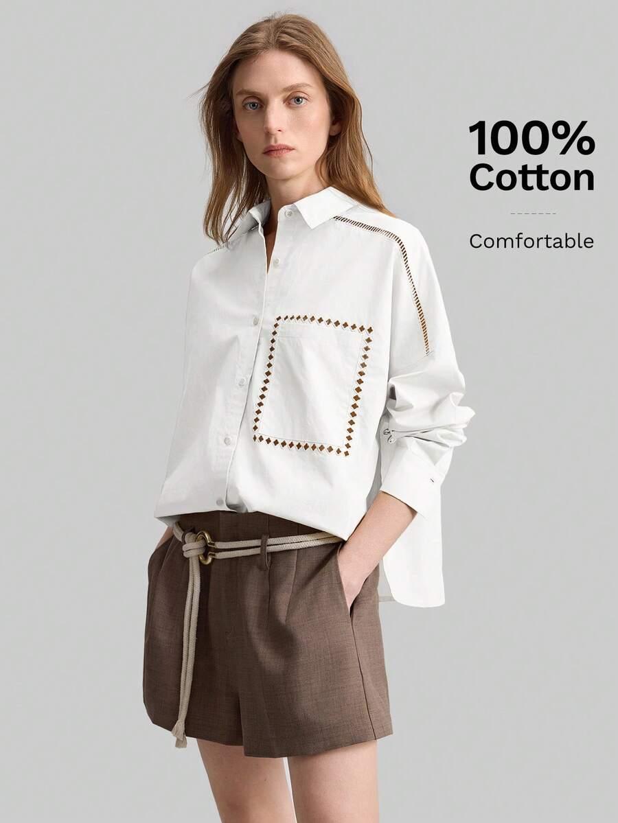 white long sleeve cotton blouse with brown embroidery