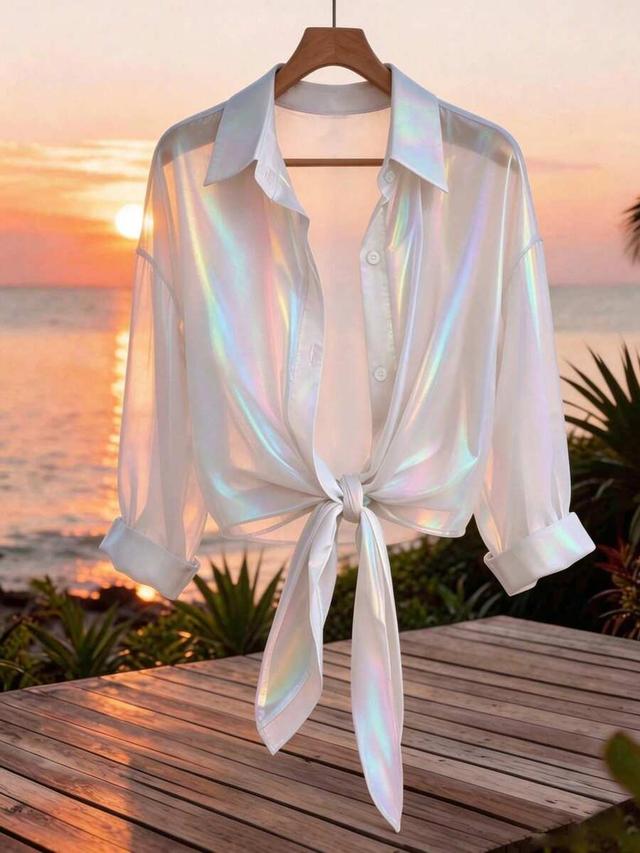 gloweve premium iridescent sheer chiffon tie-up vacation shirt