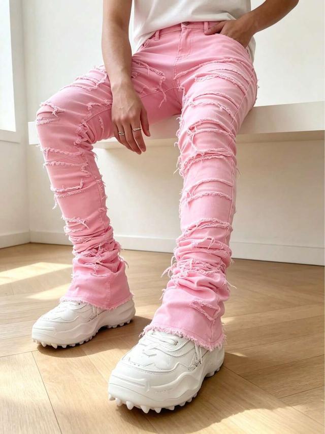 men's pink distressed slim straight tassel jeans