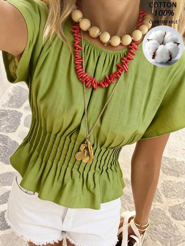 olive green pleated waist round neck cotton blouse