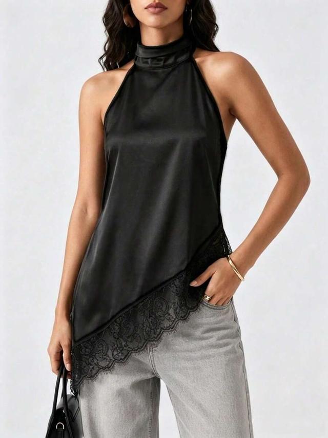 women's black sleeveless satin top with lace hem