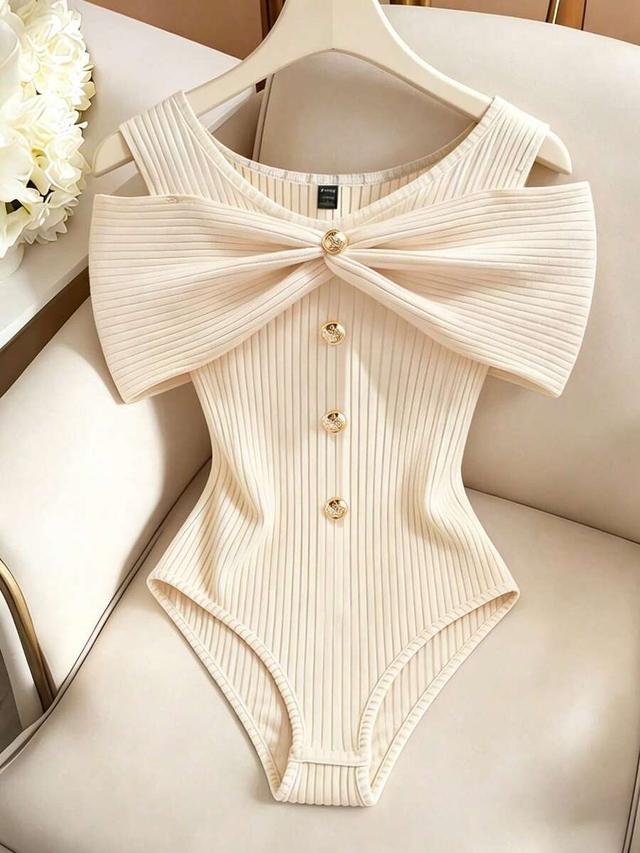 ribbed sleeveless off-shoulder bodysuit with gold buttons