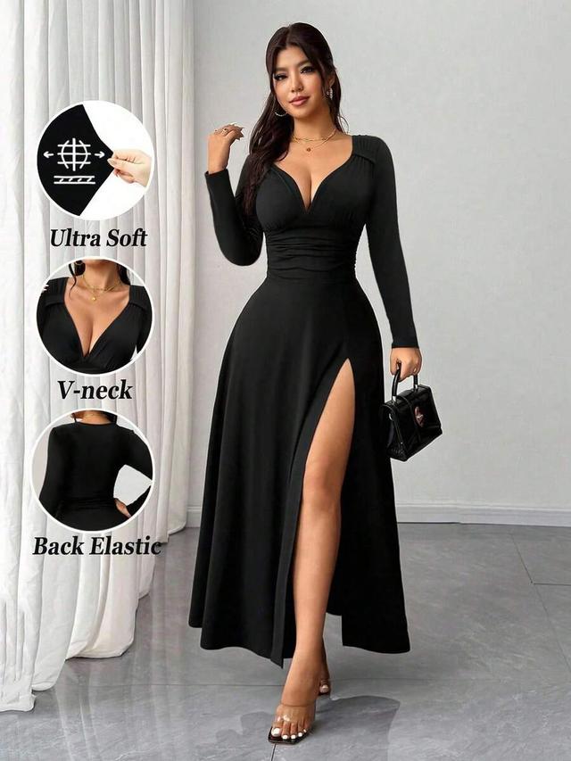 black v-neck long sleeve high stretch slit dress