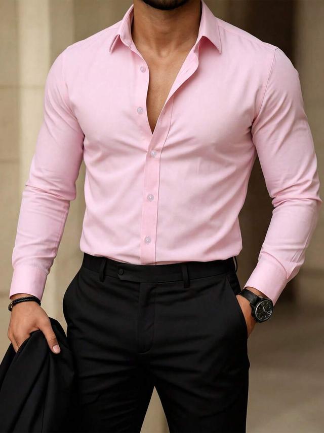 men's solid pink long sleeve formal button-up shirt