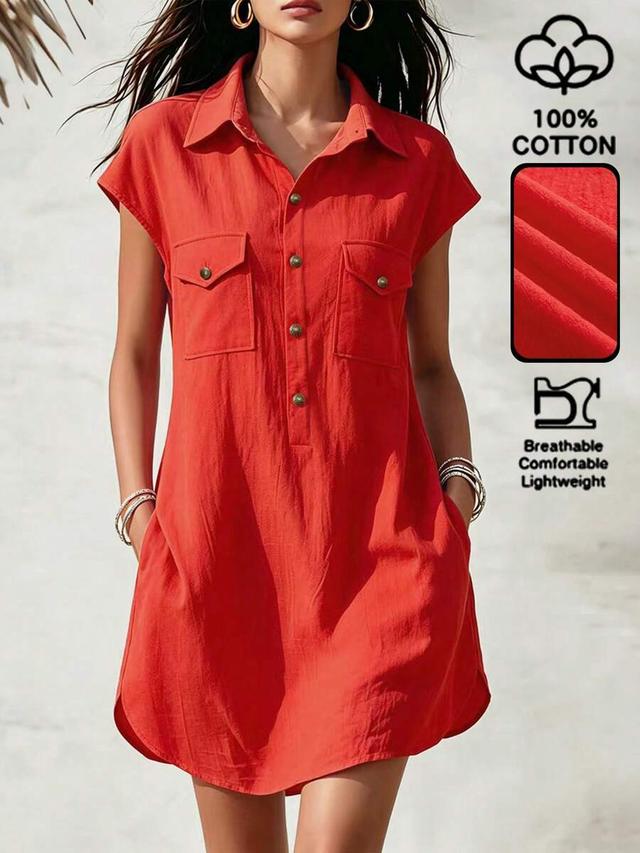 red linen shirt dress with chest pockets