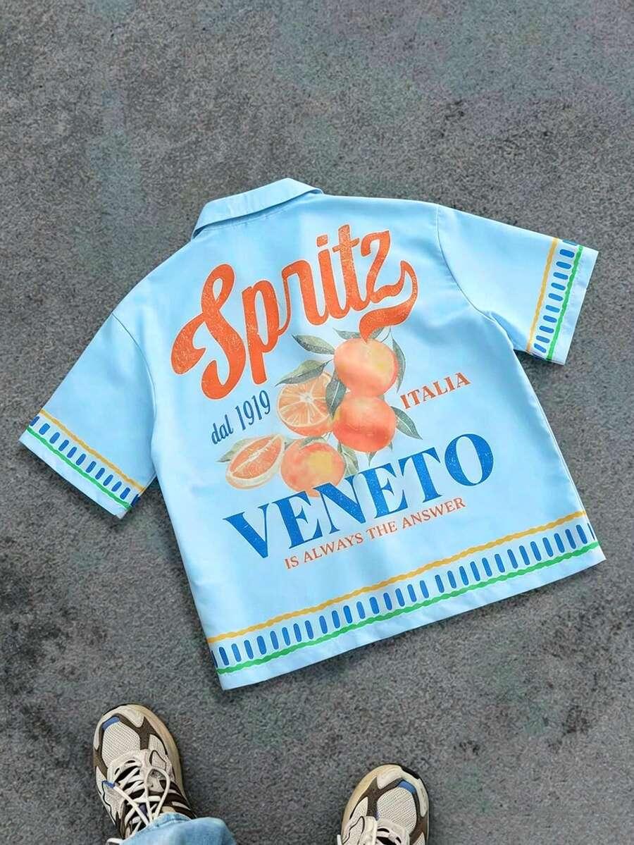 light blue printed short sleeve camp collar shirt