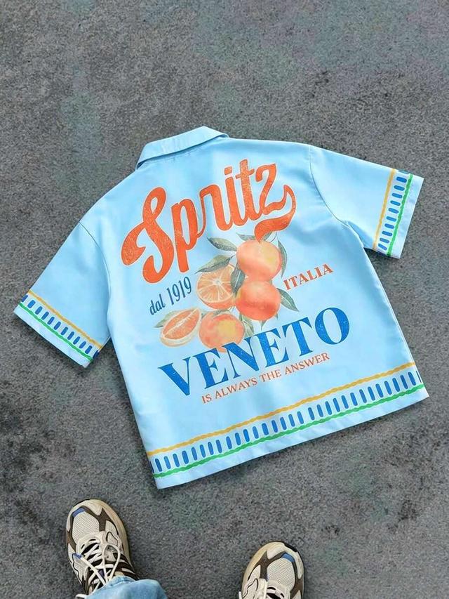light blue printed short sleeve camp collar shirt