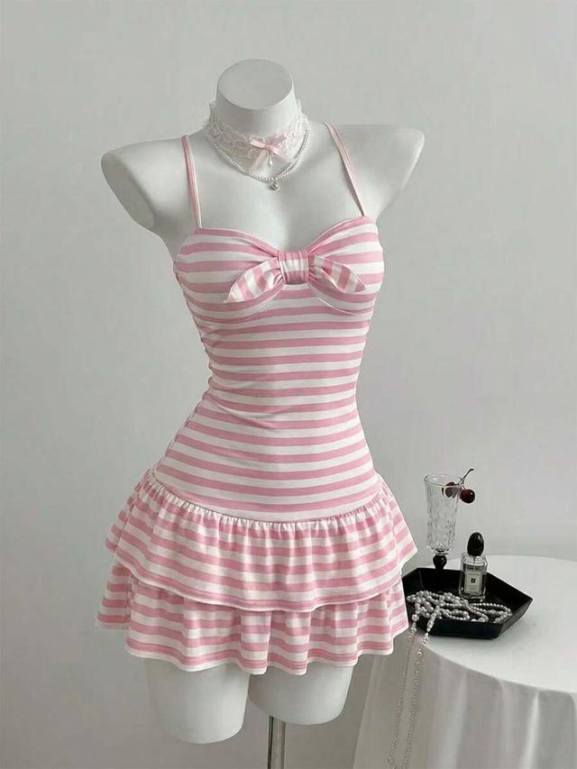 pink striped halter neck tie-up mini dress