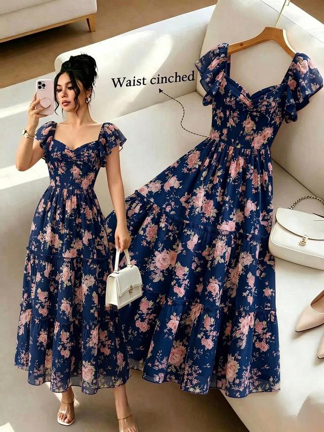 selianne floral print square neck petal sleeve tiered dress