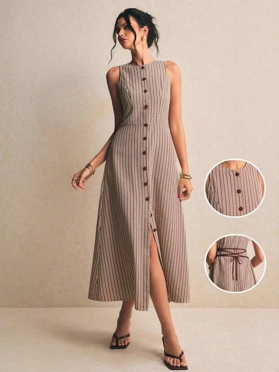 elegant french beige stripe sleeveless midi dress