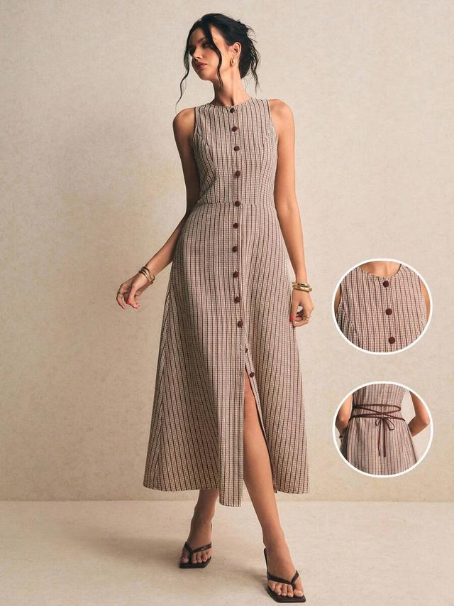 elegant french beige stripe sleeveless midi dress