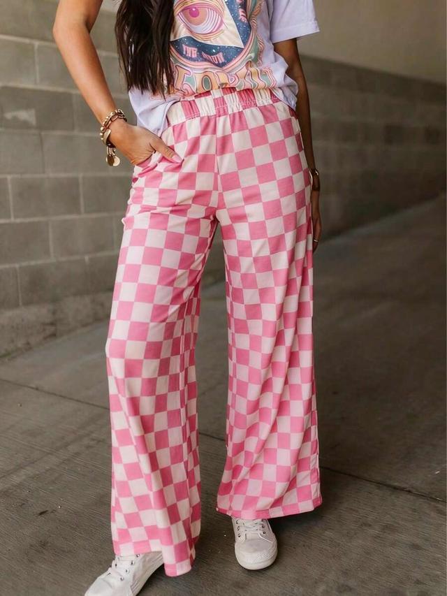 pink checkerboard print casual wide leg pants