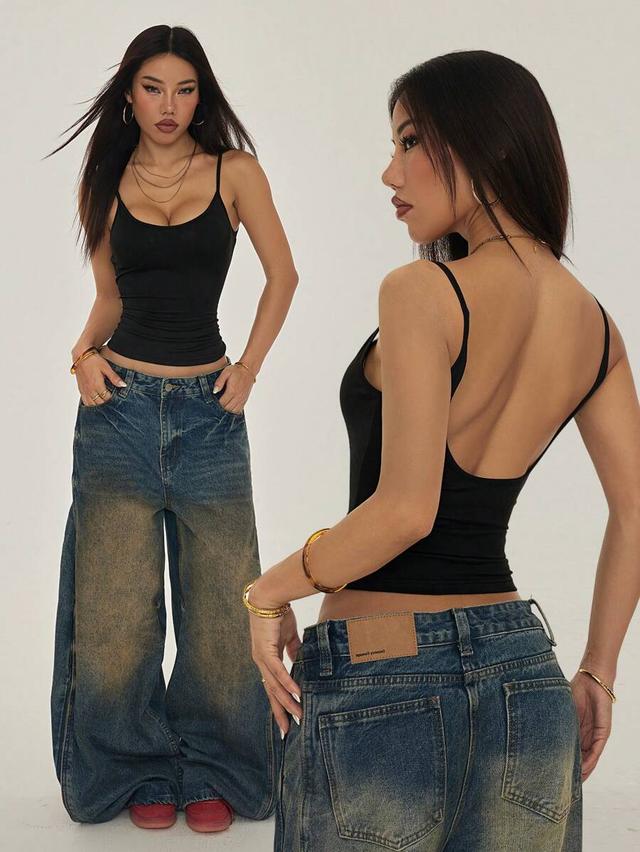black solid color backless camisole top