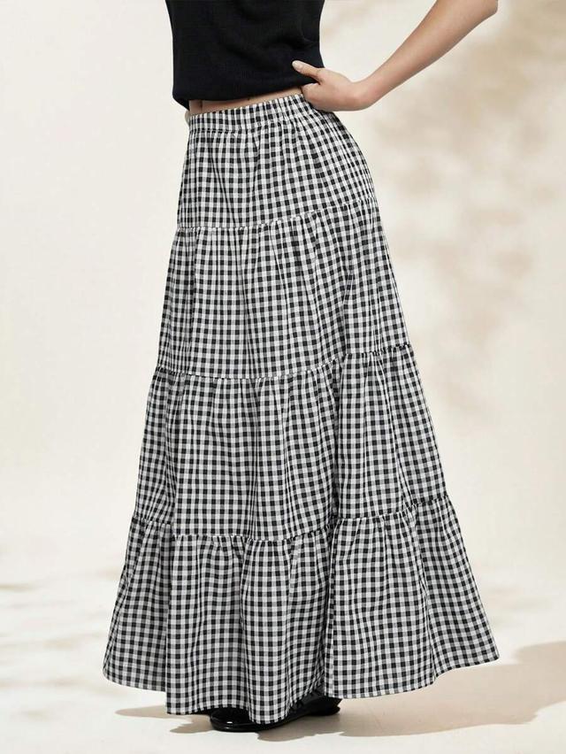 easelle plaid print high waist ruffle hem skirt