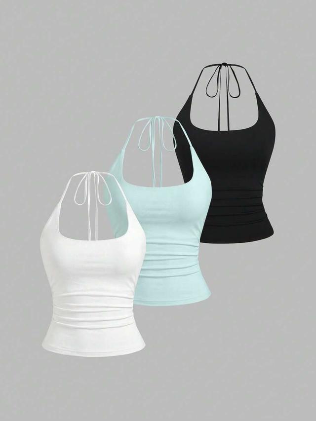black slim fit halter neck backless casual top