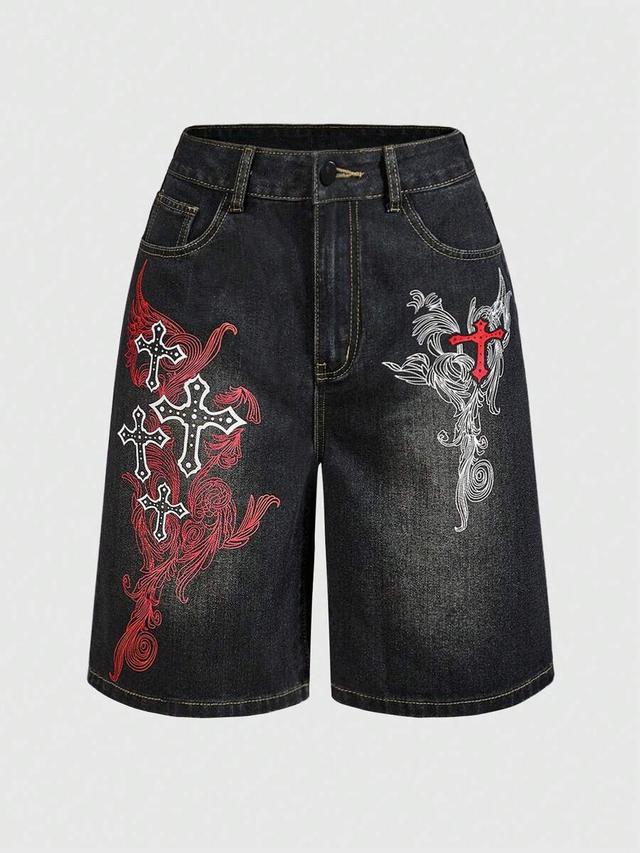 black denim shorts with gothic cross embroidery