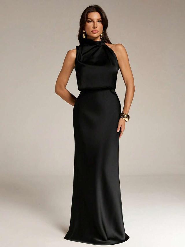 elegant black asymmetric sleeveless satin long gown