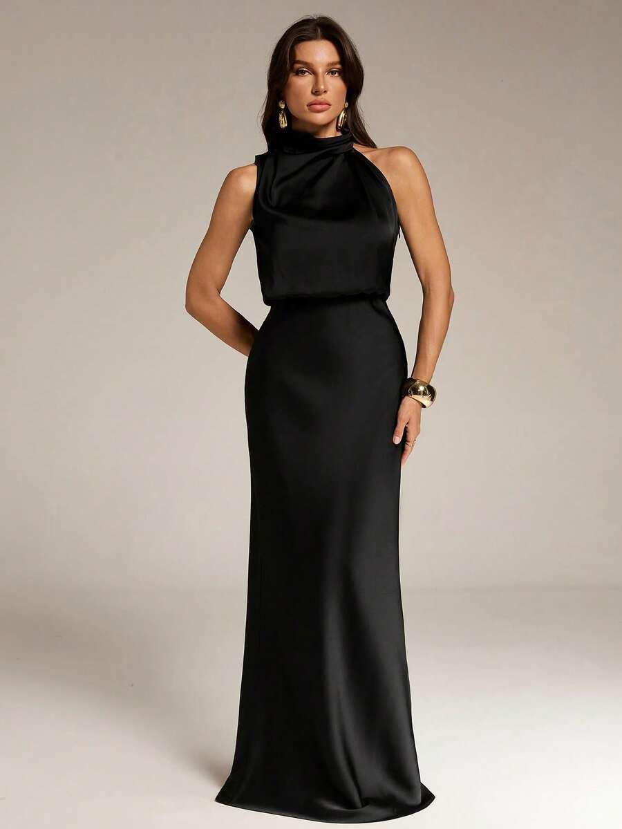 elegant black asymmetric sleeveless satin long gown