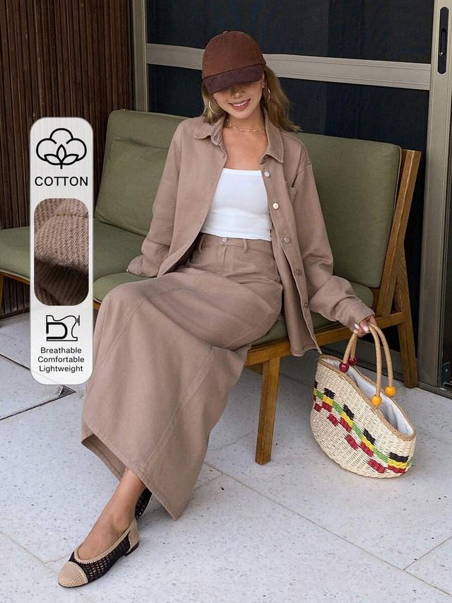 loose fit denim shirt and straight long skirt set