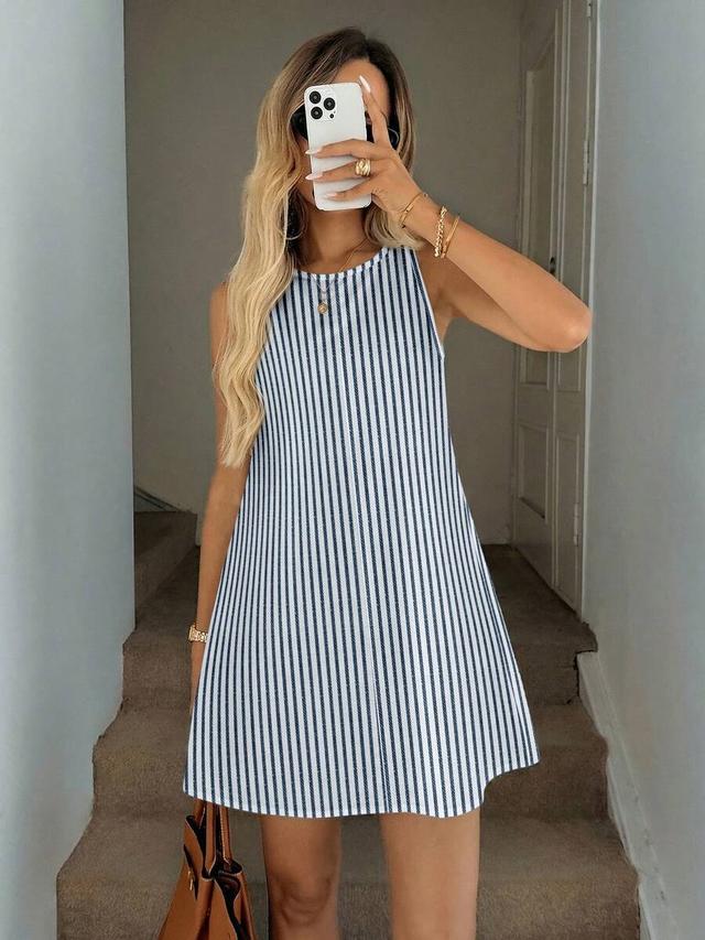 striped sleeveless a-line dress with pockets
