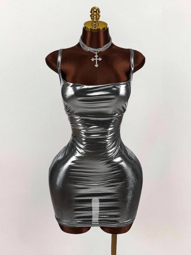 cowl neck silver metallic bodycon mini dress