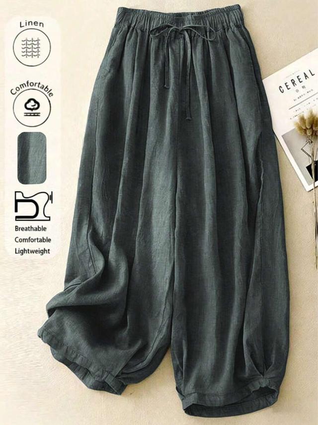 comfortable casual high waist elastic linen drape pants