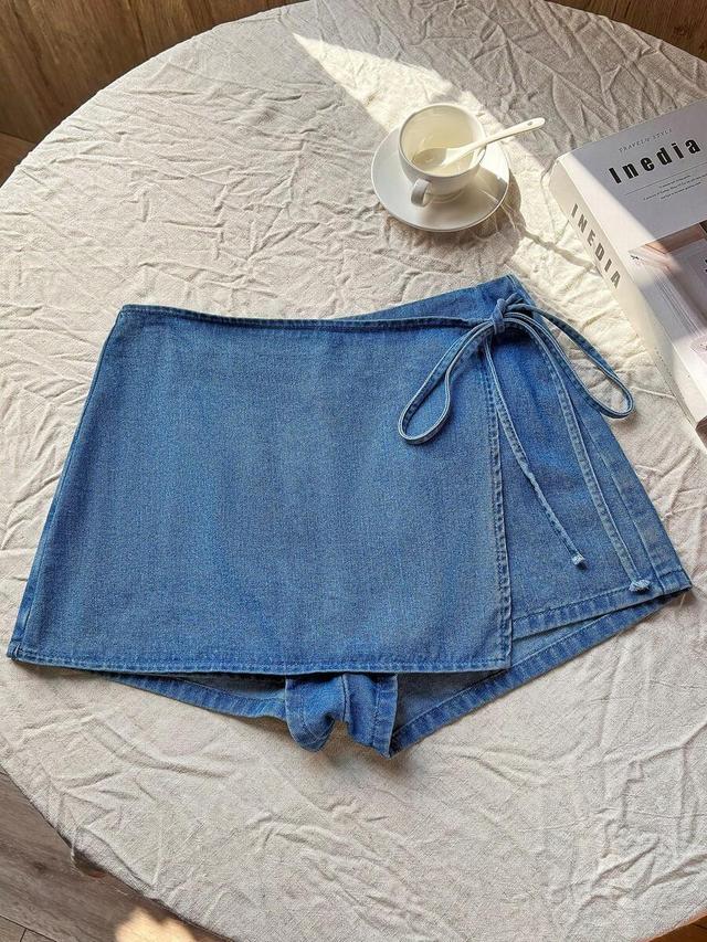 blue denim wrap skort with side tie