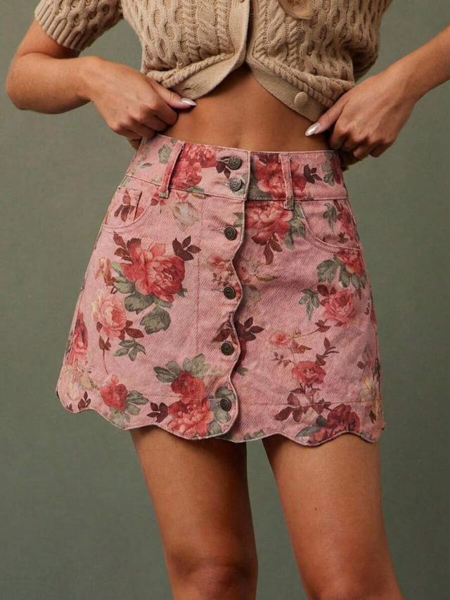 pink floral denim button-front mini skirt