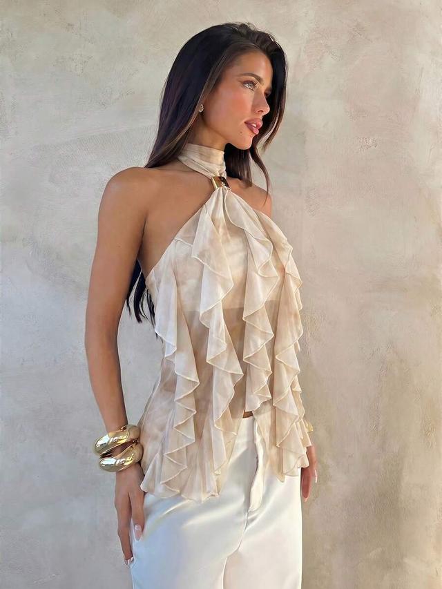 beige ruffle trim halter neck fitted tank top