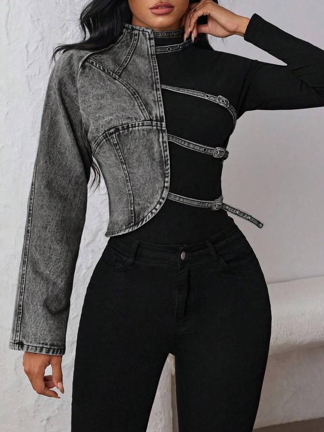hollow out one shoulder washed grey denim jacket