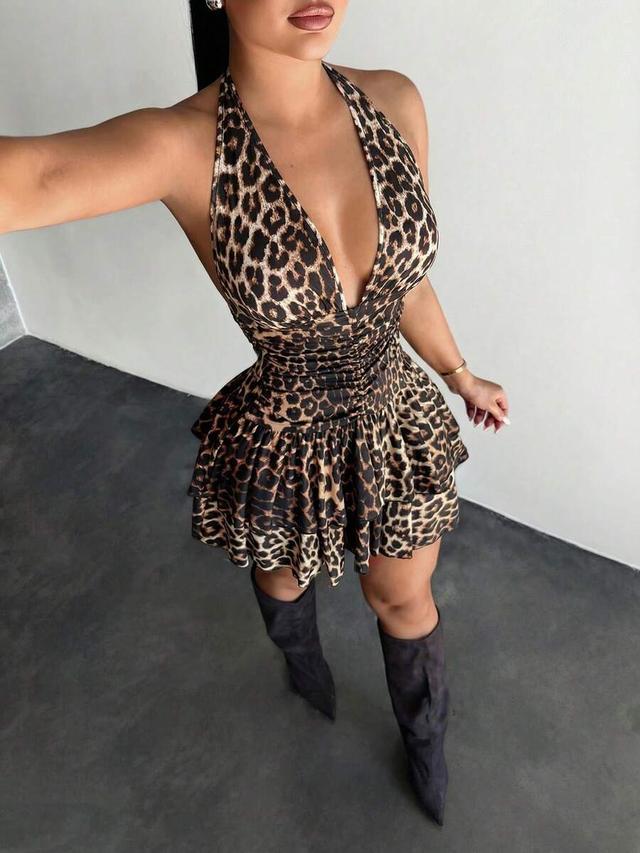 leopard print halter neck ruffle trim mini dress