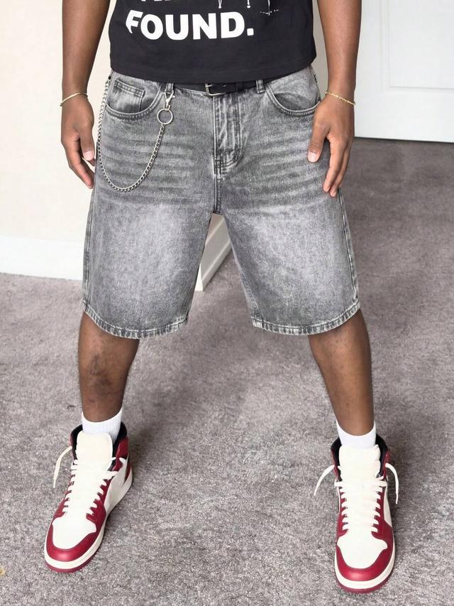 men's distressed gray denim mid-length shorts