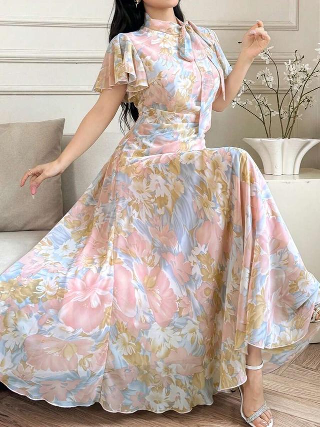 floral print ruched ruffled collar tie waist swing dress