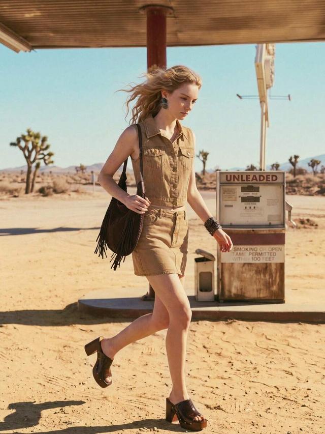 tan denim sleeveless vest and matching mini skirt