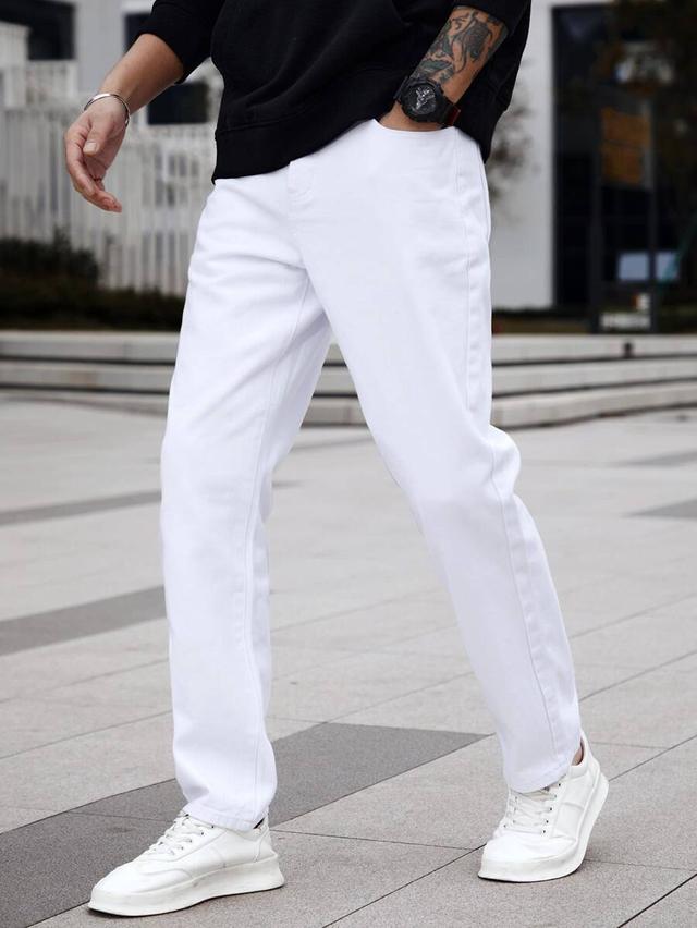 men's solid white straight leg denim jeans
