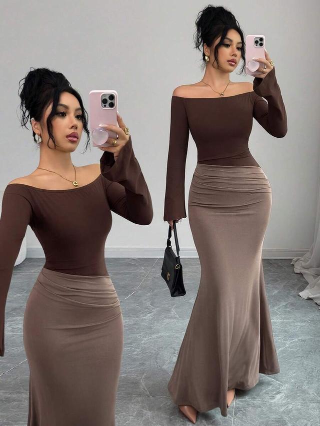 beige elegant off-shoulder ruched fitted mermaid hem dress