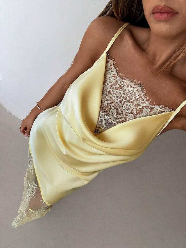 yellow satin and lace patchwork midi slip dress