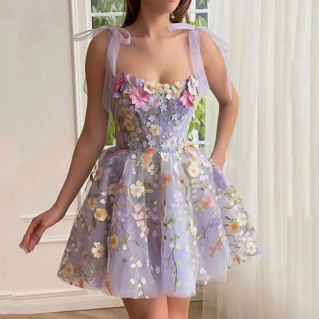 lavender floral floral embroidered tulle corset mini dress
