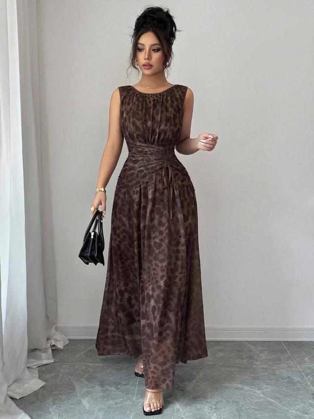 elegant brown leopard print mesh ruched cinched waist dress