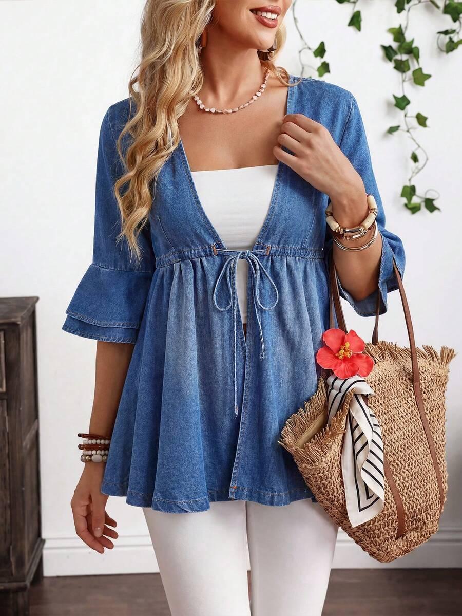 denim tie-front peplum jacket with ruffled sleeves