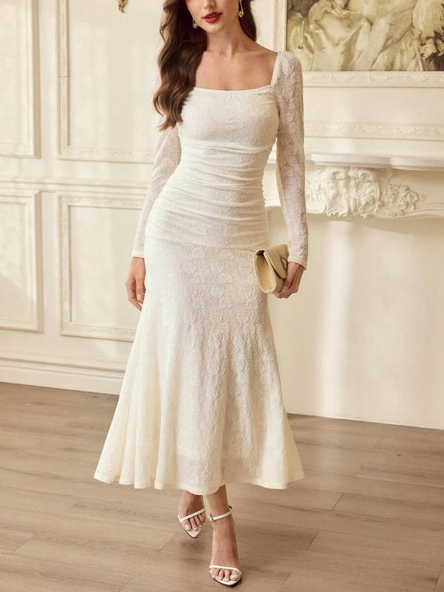 elegant white jacquard knit square collar mermaid dress