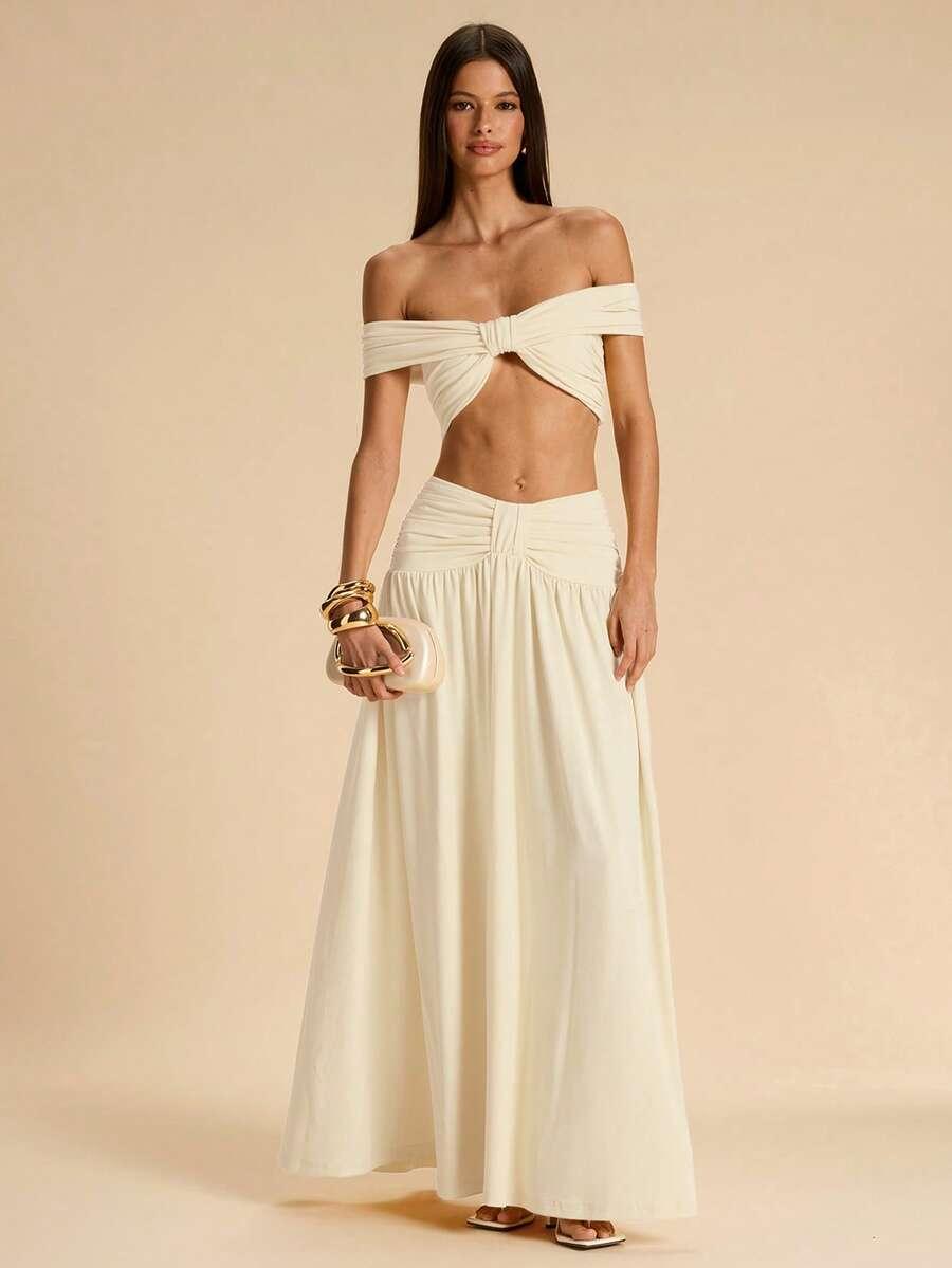 yellow knit wrap top and fishtail skirt set