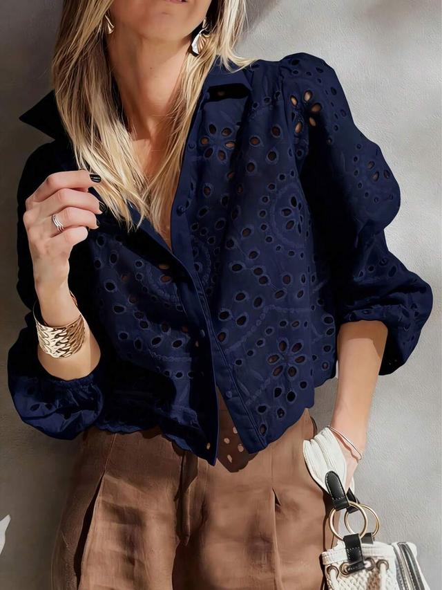 navy blue embroidered eyelet single-breasted shirt