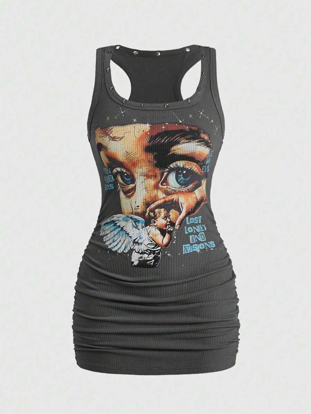 vintage angel print studded ribbed mini dress