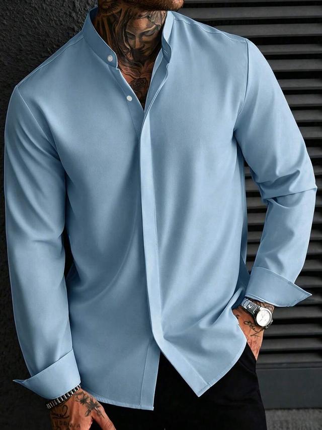 light blue stand-up collar long sleeve button shirt