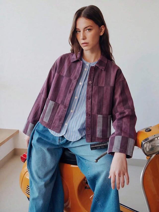 nöista women's striped cropped jacket in pink and rust