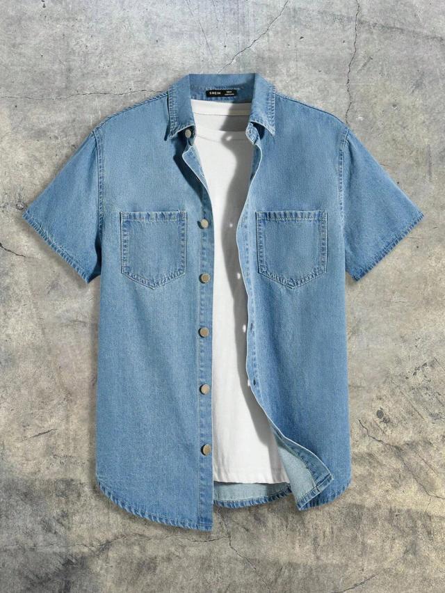 light wash denim short sleeve button down shirt